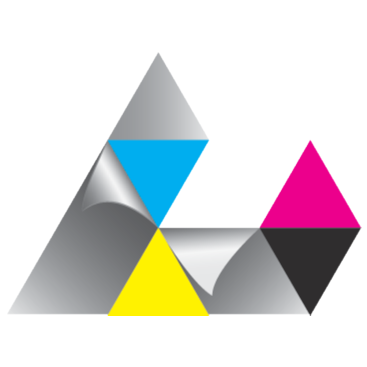 Faceted CMYK triangle mark, print process motif