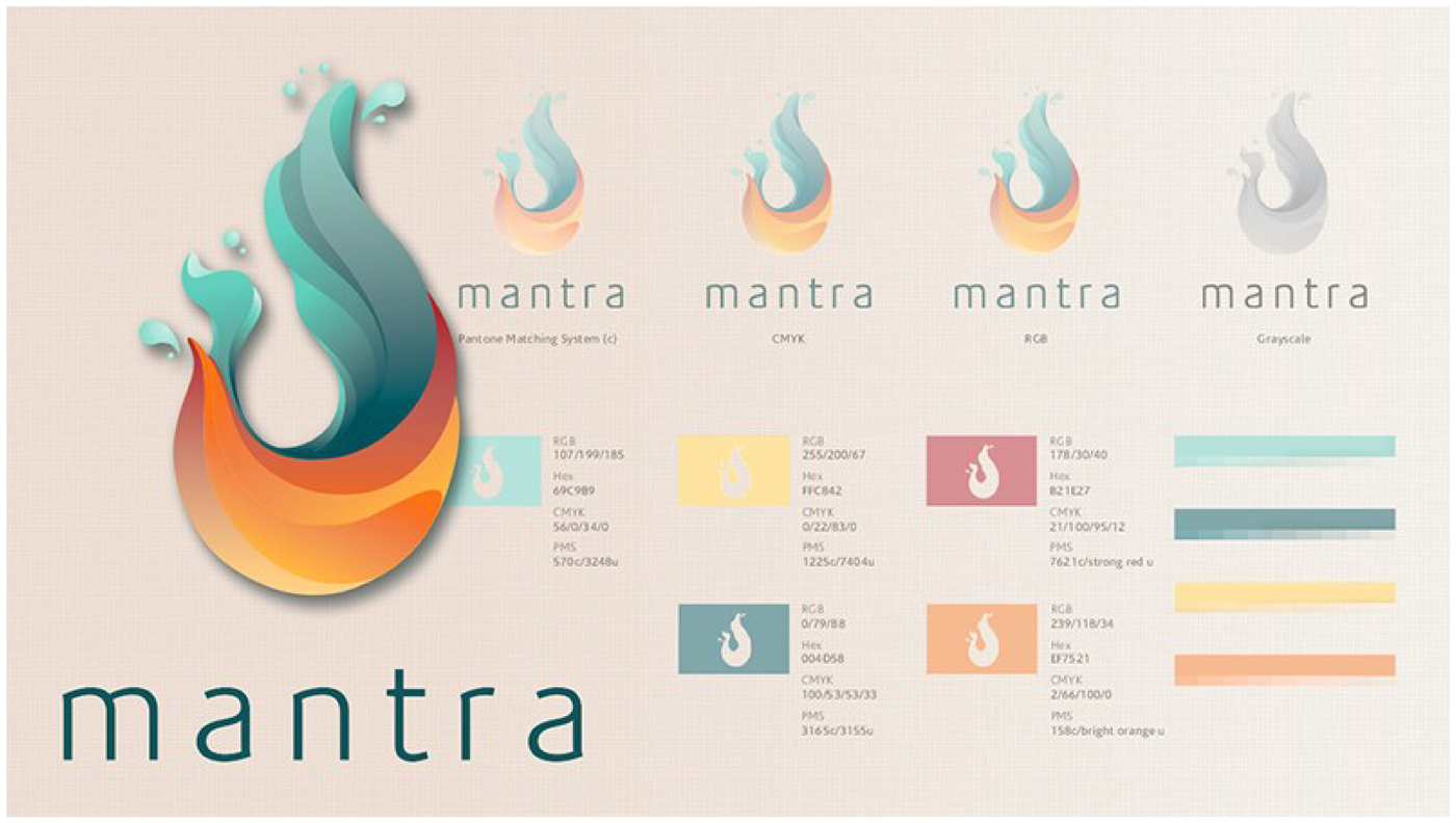 Mantra logo and colour matching system, PMS CMYK RGB and greyscale variants
