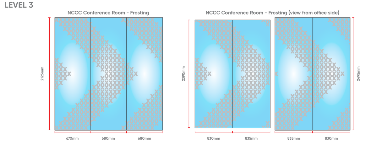 NZ Police NCCC Conference Room frosting proof, two elevations