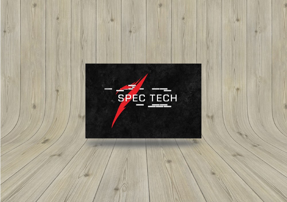 Spec Tech business card, dark textured background